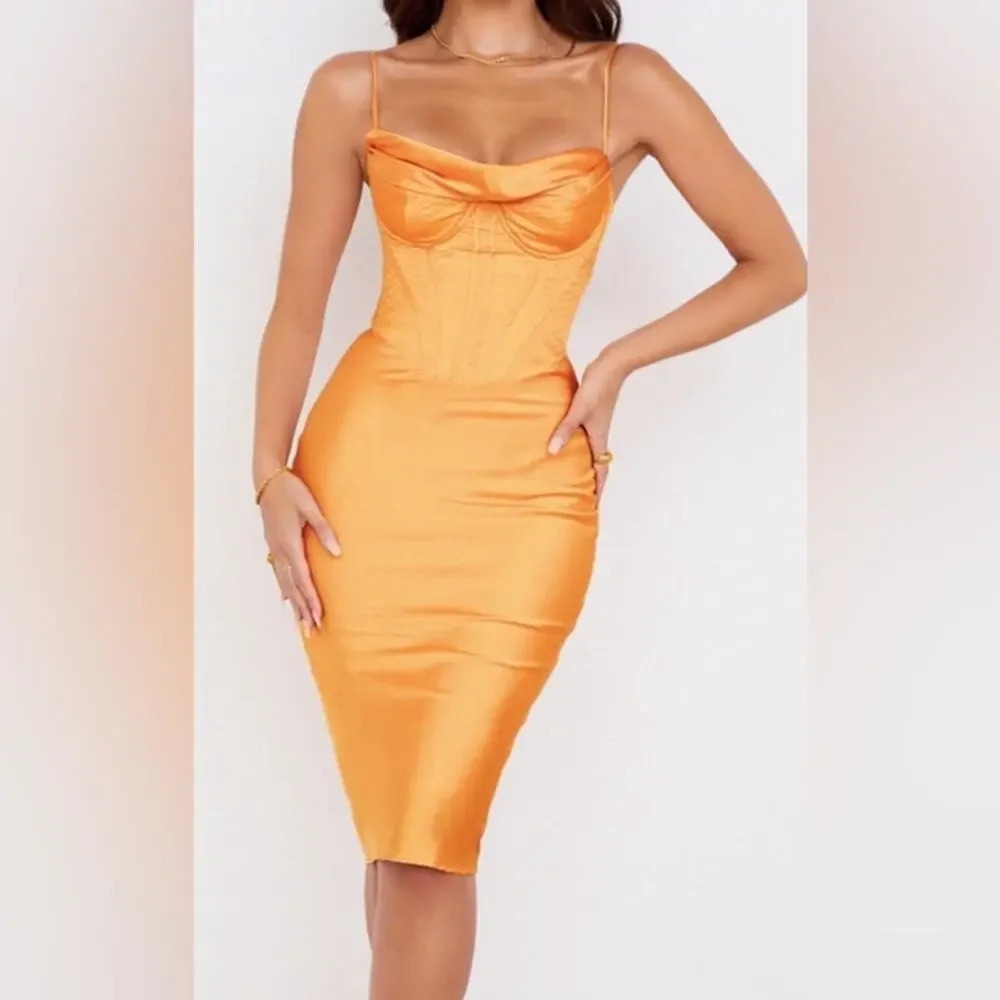 House of CB Myrna Satin Corset Midi Dress Tangerine Size XS